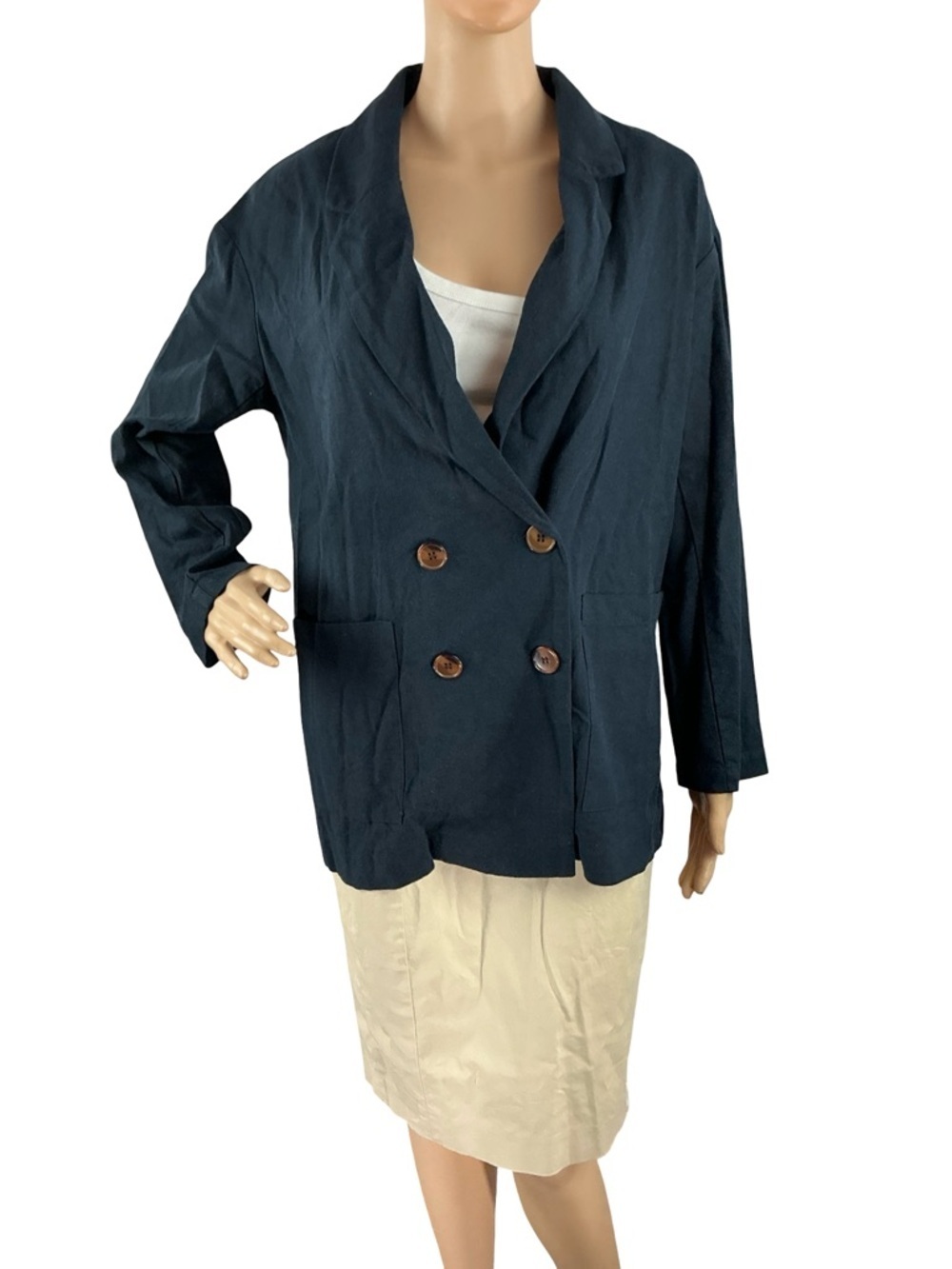 Amadi Kaye Linen Blend Blazer Navy Blue Oversized Size XS
